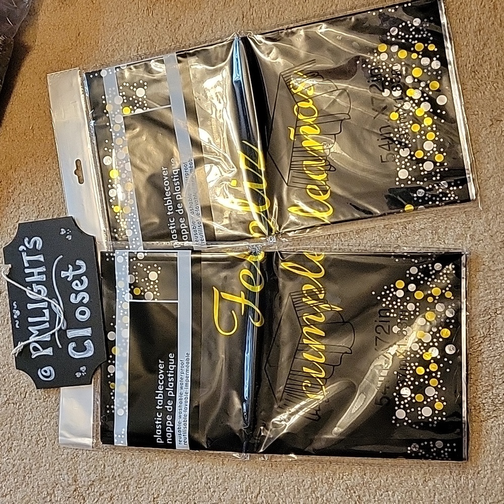 Feliz Cumpleaños Plastic Tablecloths New Set of 2 Black Gold Silver 54x72